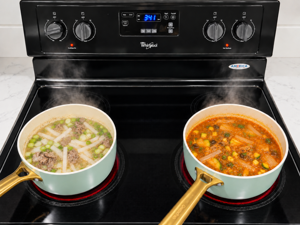 Cooking beef and radish soup and soybean paste stew all at once